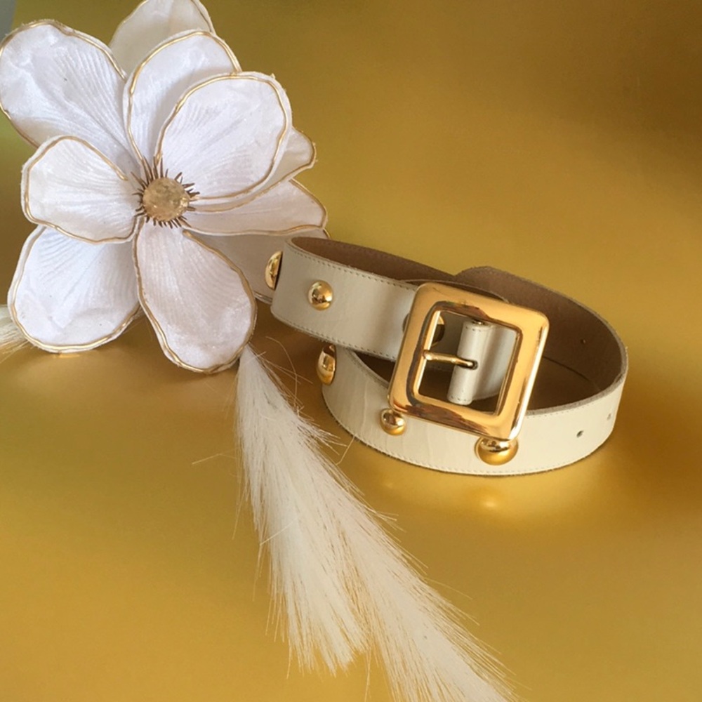 Cream Leather Belt with Gold Buckle - Women's Accessory